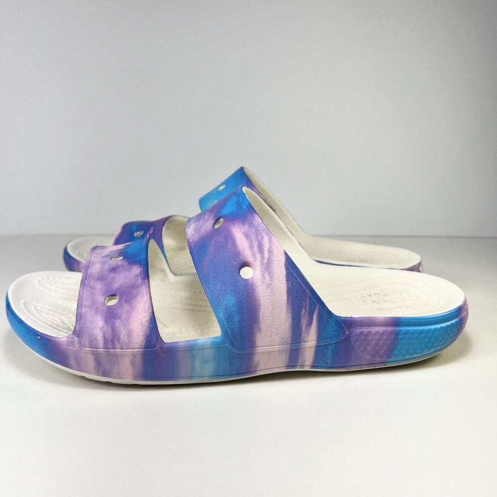 Crocs M9 W11 Classic Out Of This World Sandal Slides Blue Purple Tie-Dye Used